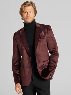 NEW Egara Skinny Fit Red Dark Wine Velvet Dinner Tuxedo Jacket